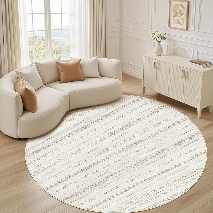 Nakagishi Round Rug Boho Area Rugs: 4x4 Washable Large Circle Neutral Soft Stain Resistant Non-Slip Carpet for Women Aged 25-45 Farmhouse Decor Enthusiasts - Living Room Bedroom Dining Room Nursery