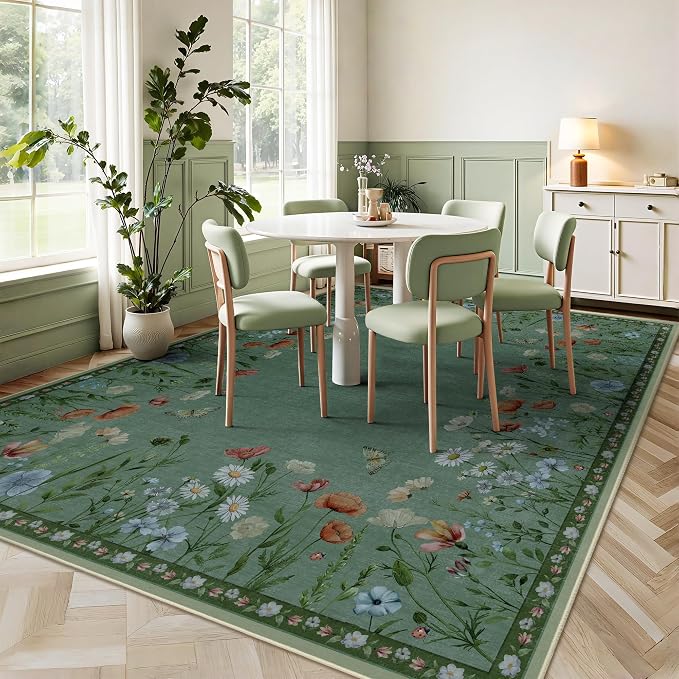 5x7 Area Rugs, Rug for Bedroom, Indoor Non-Slip Washable Rugs for Living Room, Dining Room, Low Pile Home Decor Floral Rug(Green)