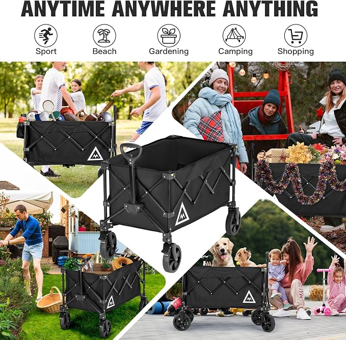 Wagon Cart Shopping Cart Large Capacity Collapsible Wagon with Wheels On Beach Garden Outdoor Utility Carts for Grocery All Terrain Portable Wagons Carts for Groceries Sand Camping Sports Black
