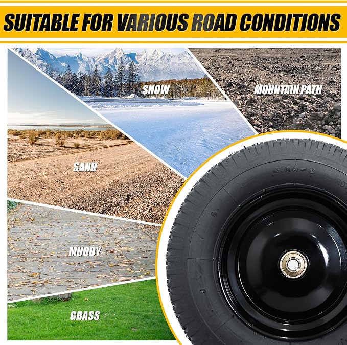 MZREXN 4.80/4.00-8" Tire and Wheel, 16" Pneumatic Wheelbarrow Tire | 5/8"&3/4" Bearings,3"-7"Centered Hub,Fit Hand Truck/Garden Carts/Yard Wagon/Utility Carts/Dolly/Trolley,Black 2pcs