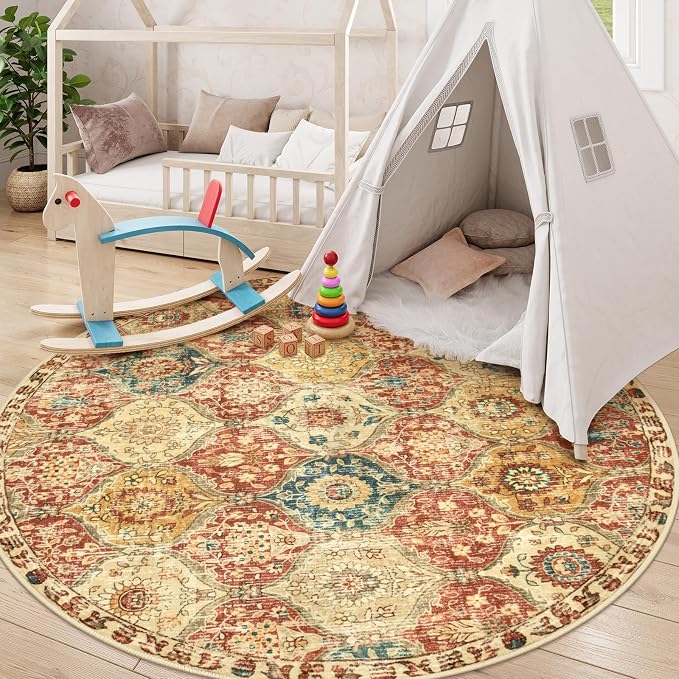 Lahome Moroccan Washable Round Area Rug, Round Rug 5ft Soft Non-Slip | Trellis Non-Shedding Distressed Circle Carpet for Bedroom Living Room Bathroom Nursery Kitchen Elise, Red Orange