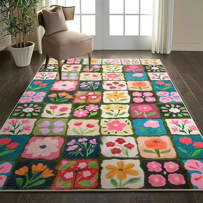 Vintage Floral Rug 8x10 Washable, Thin Cute Aesthetic Retro Multicolored Flowers Dining Living Room Carpet, Boho Country Botanical Area Rugs for Bedroom Dorm Entryway Nursery