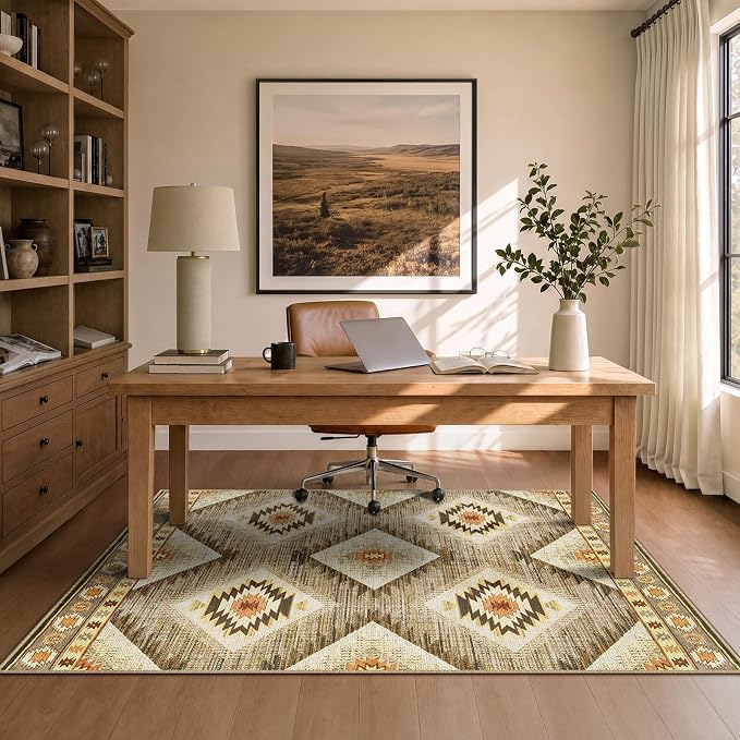 Area Rug 3x5 Machine Washable Non-Slip Low Pile Print Pattern Western Rug for Living Room Bedroom Entryway Tribal Series Cream/Camel | Soft Western No Slip Low Pile Print Foldable Indoor for Kitchen Dining Room