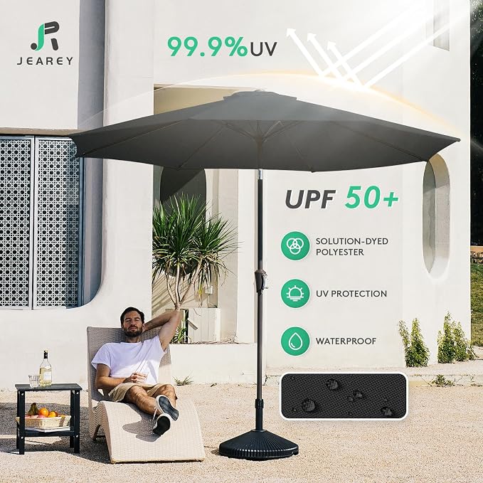 JEAREY 10FT Outdoor Patio Umbrella Outdoor Table Umbrella with Push Button Tilt and Crank, Market Umbrella 8 Sturdy Ribs UV Protection Waterproof for Pool, Garden (Black)