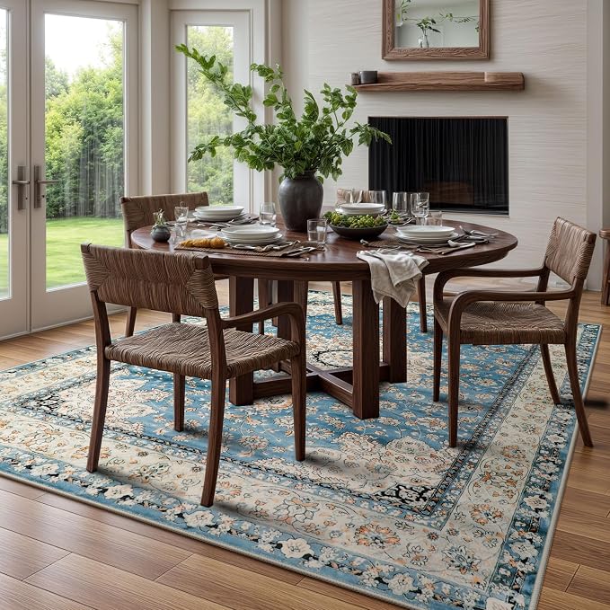 Lahome Felice Oriental Floral Medallion Area Rug, 8x10 Soft Large Rugs for Bedroom Aesthetic Dining Room Rug, Vintage Non Slip Low Pile Living Room Carpet for Family Room Foyer Den Office, Blue