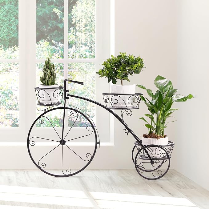 Sorbus Tricycle Plant Stand - Flower Pot Cart Holder - Ideal for Home, Garden, Patio - Great Gift for Plant Lovers, Housewarming, Mother’s Day - Parisian Style (Black)