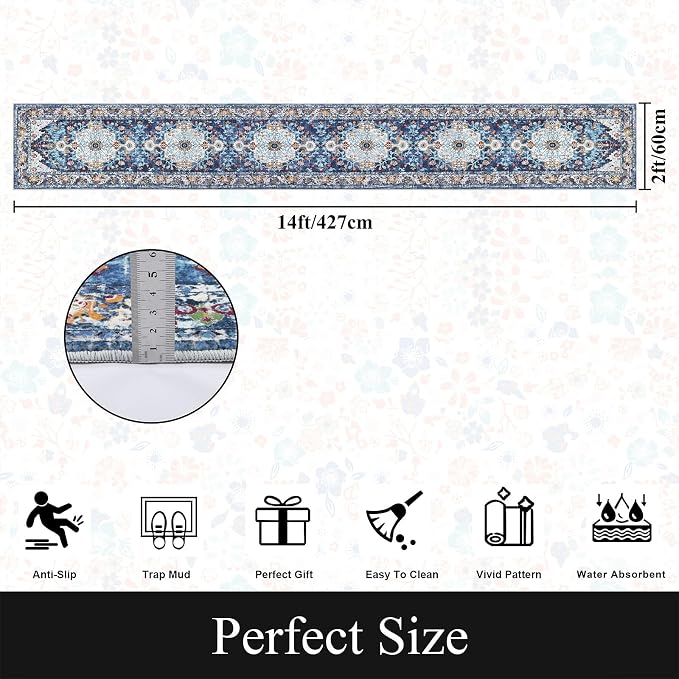 U'Artlines 2'x14' Boho Hallway Runner Rug Non Slip Washable Runners,Blue | Vintage Farmhouse Kitchen Rug Accent Area Carpet for Entryway Laundry and Living Room