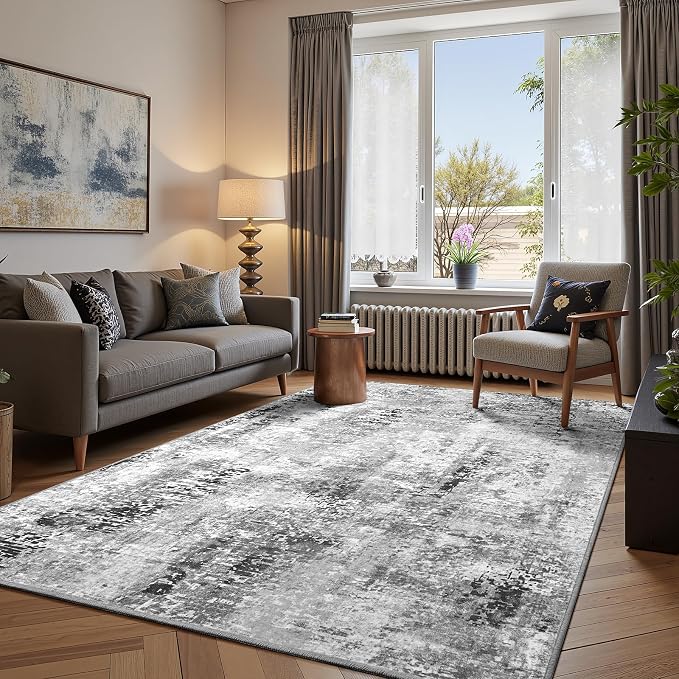 3x5 Dark Grey Washable Area Rug for Living Room Bedroom, Modern Abstract Non-Slip Rugs, Low Pile Soft Stain Resistant Carpet for Dining Room, Kitchen, Office, Dorm, Bedside Decor