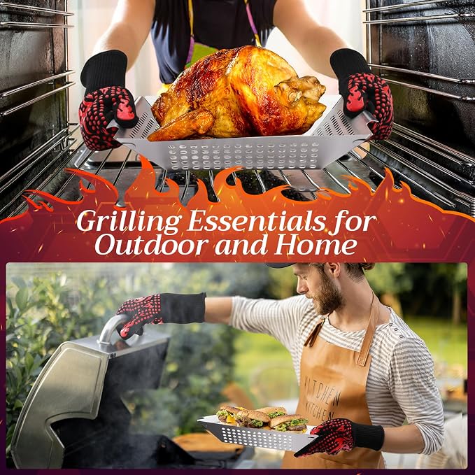 Grill Baskets for Outdoor Grills Set, 2 Sizes Stainless Steel Grill Baskets with BBQ Gloves for Veggies, Fish & Shrimp, Grilling Accessories Gifts for Dad, Husband, Friends, Father's Day