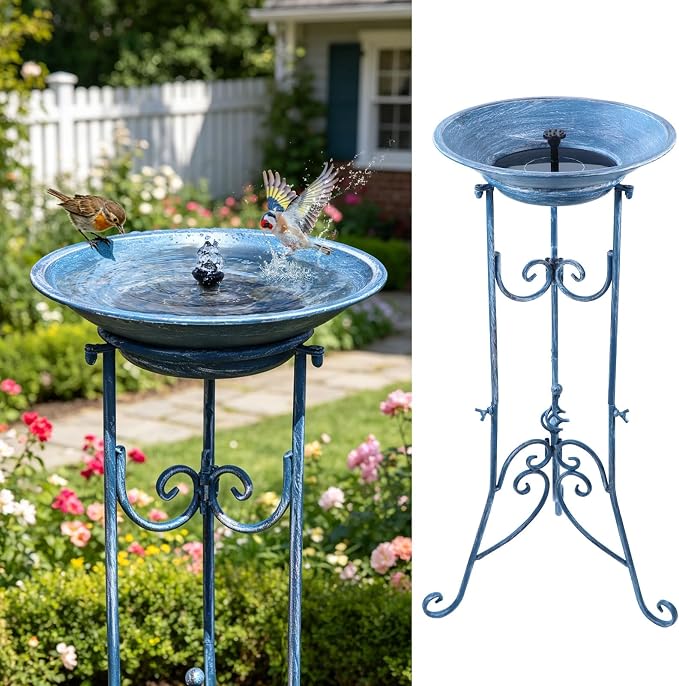 Multifunctional Solar Bird Bath for Outside, Metal Birdbath Stand and Solar Fountain Bird Bath Bubbler Combo Set, Solar Birdbaths for Outdoors Garden Lawn Yard Decor（Blue）