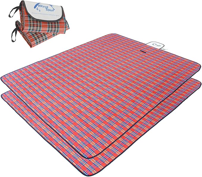 Wind Tour Waterproof Picnic Blanket with Carry Strap - Foldable Sandproof Outdoor Mat for Camping, Beach, Park - 59" x 71",Red (Two Mat Set)