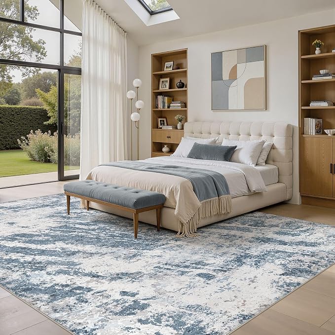 DMOYEST 5x7 Area Rug for Living Room Washable Abstract Indoor Carpet | Neutral Modern Low Pile Rugs Kid & Pet Friendly Large Soft Thin Carpet for Bedroom Dining Room and Office - Blue Light