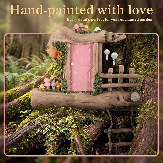 Sliner Fairy Door for Trees Outdoor Resin Fairy Garden Door Accessories with Pearl & Crystal Hanging Accents Miniature Gnome House for Garden Wall Outdoor Decorations Tree Trunk (Pink)