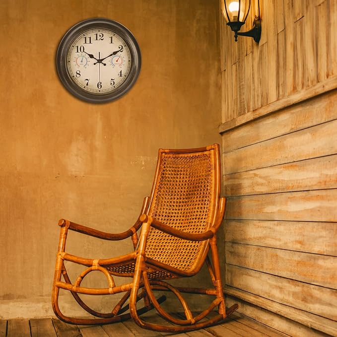 12 Inch Outdoor Clock with Thermometer and Hygrometer Combo, Waterproof Indoor Outdoor Wall Clocks for Patio, Pool,Garden Decor- Retro Bronze
