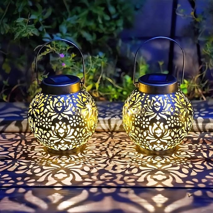 2 Pack Solar Lanterns Outdoor Gifts, IP44 Waterproof Hanging Solar Lights Decor Lamp for Garden, Patio, Pathway, Yard, Porch (Classic Black Flower)