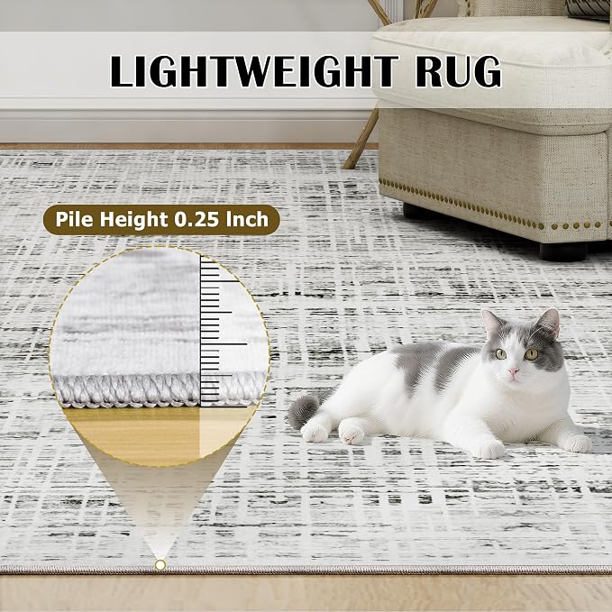 9x12 Washable Area Rug for Living Room Bedroom: Non-Slip Modern White Gray | Machine Washable TPR Backing, Stain-Resistant Low Pile, Pet & Kid Friendly, Abstract Decor for Dining Room, Dorm, Home Office
