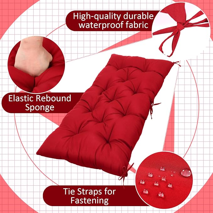Wenqik Outdoor Bench Cushion 36 x 14 x 4 Inch Waterproof Patio Swing Cushion with Removable Zippered Cover Adjustable Ties Seat Pad for Porch Bench Garden Loveseat (Red, Classic)