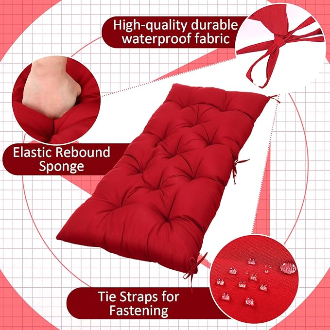 Wenqik Outdoor Bench Cushion 48 x 20 x 3 Inch Waterproof Patio Swing Cushion with Removable Zippered Cover Adjustable Ties Seat Pad for Porch Bench Garden Loveseat (Wine Red, Classic)