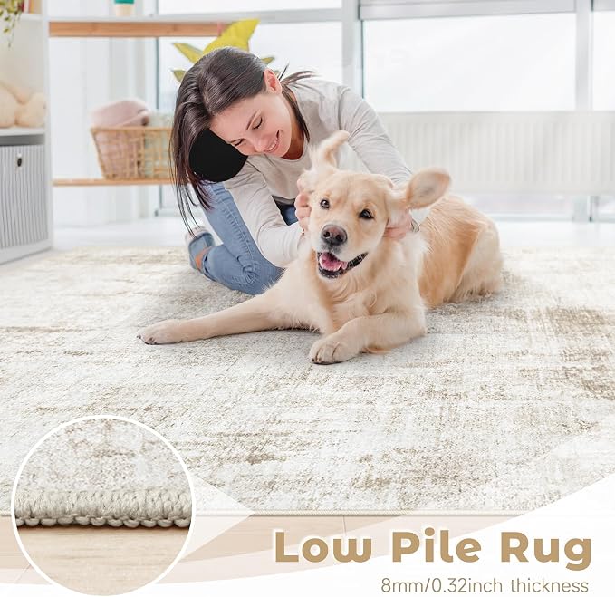 8x10 Area Rugs Washable Rug: Abstract Neutral Rugs Modern Non Slip Area Rug Stain Resistant Low Pile Indoor Carpet for Dining Room Bedroom Nursery Office (Beige, 8'x10')