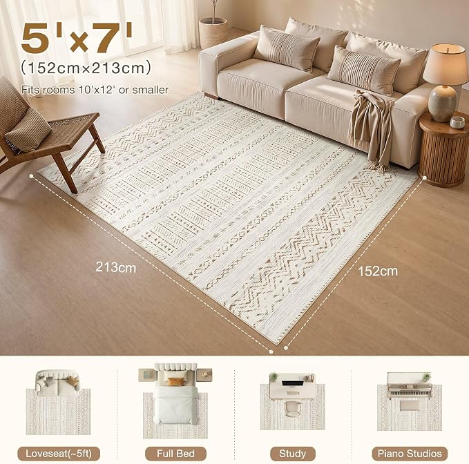 cotiled Boho 5x7 Area Rugs for Living Room: Soft Moroccan Washable Rug | Solve Modern Neutral Trendy Home Decor - Stain Resistan Indoor Carpet for Bedroom Dining Room Brown Cream