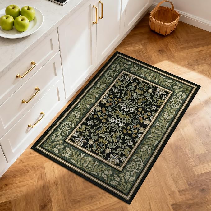 GarveeHome Small Area Rugs 2x3 Non Slip Washable Entryway Rug, Green Black | Boho Vintage Front Door Mat Soft Low-Pile Stain Resistant Indoor Throw Carpet for Kitchen Bathroom Bedroom Decor