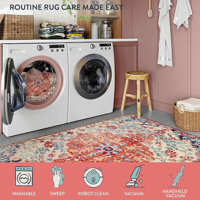 Lahome Reine Floral Washable Kitchen Runner Rug, 2x6 Hallway Entryway Runner Rug, Oriental Medallion Non-Slip Mat, Bohemian Low-Pile Floor Carpet Runners for Bathroom Laundry Bedside, Orange