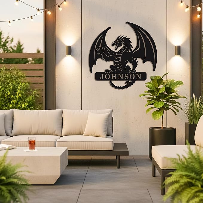 Personalized Dragon Metal Wall Art – Custom Last Name Sign, Western Dragon Home Decor for Living Room, Porch & Outdoor Display