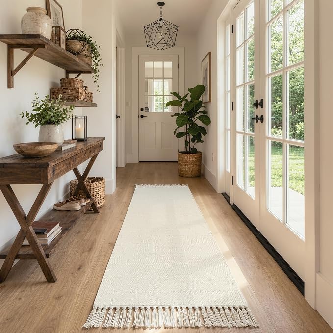 Boho Washable Kitchen Rug, White Hallway Runner Rugs | 2.6' x 8' Modern Farmhouse Bathroom Rugs, Hand Woven Entry Hall Carpet for Laundry Bedroom Hallway Bedside Porch Decor