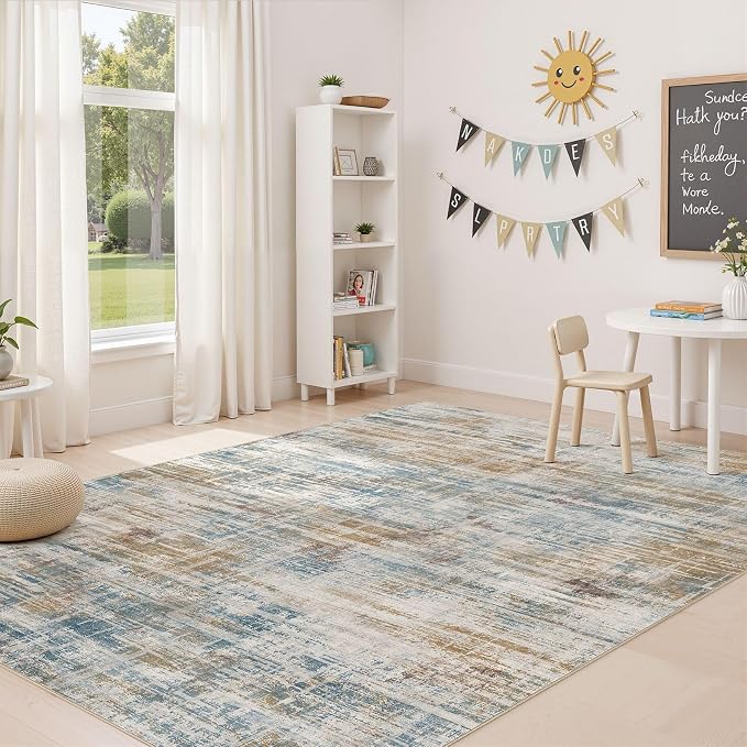 UERMEI 5x7 Area Rug for Living Room Washable Abstract Blue Brown Carpet | Low Pile Non-Slip Soft Neutral Modern Kid Pet Friendly Large Rugs For Bedroom Dining Room Nursery Office Indoor Decor