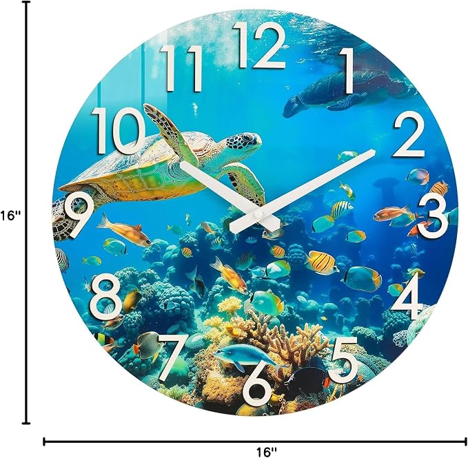 Crosstime 16 Inch Large Outdoor Wall Clock Waterproof - Sea Turtle & Coral Reef Ocean Life Theme, Tempered Glass Face - Silent Coastal Decor Clock for Outside Patio, Poolside, Garden, Beach House