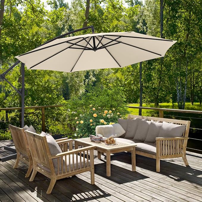ABCCANOPY 10FT Cantilever Patio Umbrella with base included, 360° Rotation Outdoor Offset Umbrella for Backyard, Deck, Poolside (Creamy White)