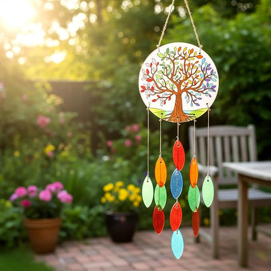 Tree of Life Glass Wind Chimes for Outside, Fall Leaves Windchimes Outdoors Unique Suncatcher, Small Sea Glass Art Wind Chimes Outdoor Gifts for Women, Hanging Outdoor Garden Christmas Decoration Gift