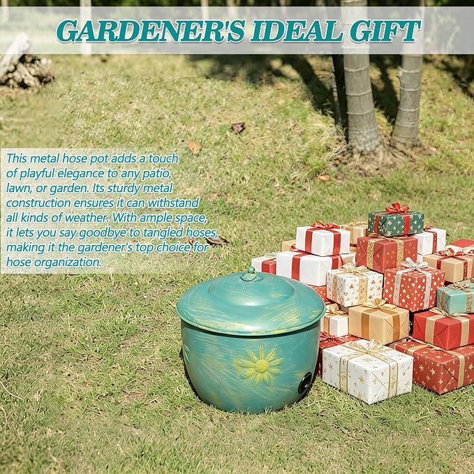 Vintage Blue Metal garden Hose Holder Storage Pot with Sunflower Decor,Holds up to 100ft Hoses.