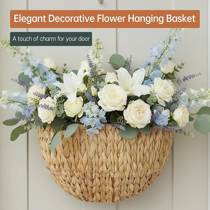 Coeusy Water Hyacinth Hanging Basket, Scalloped Wall Basket with Handle, Wicker Hanging Wall Basket for Door,Nursery,Home Decor