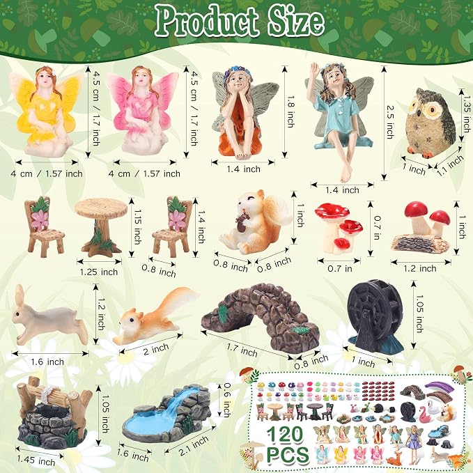 Unittype 120 Pcs Flower Fairy Garden Figurines Bulk Kit Flower Fairy Accessories for Garden Cute Mini Bridge Duck Mushroom Well Pond Micro Animal Landscape Ornaments DIY Kit for Outdoor Yard Lawn