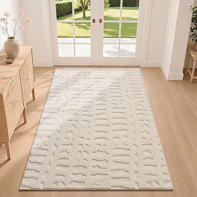 Yamaziot Washable 3x5 Area Rugs for Living Room Textured Non Slip Rug Beige | Modern High-Low Geometric Pattern, Soft Fluffy, Neutral, Minimalist Floor Carpet for Bedroom Nursery Kids Room Entryway