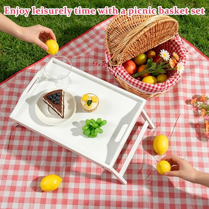 Picnic Basket Set for 2, Wicker Basket with Lid, Folding Table, Insulated Cooler Bag, Mat, Cutlery & Glasses, Red and White Checkered Complete Picnic Kit for Outdoor Camping Beach Park