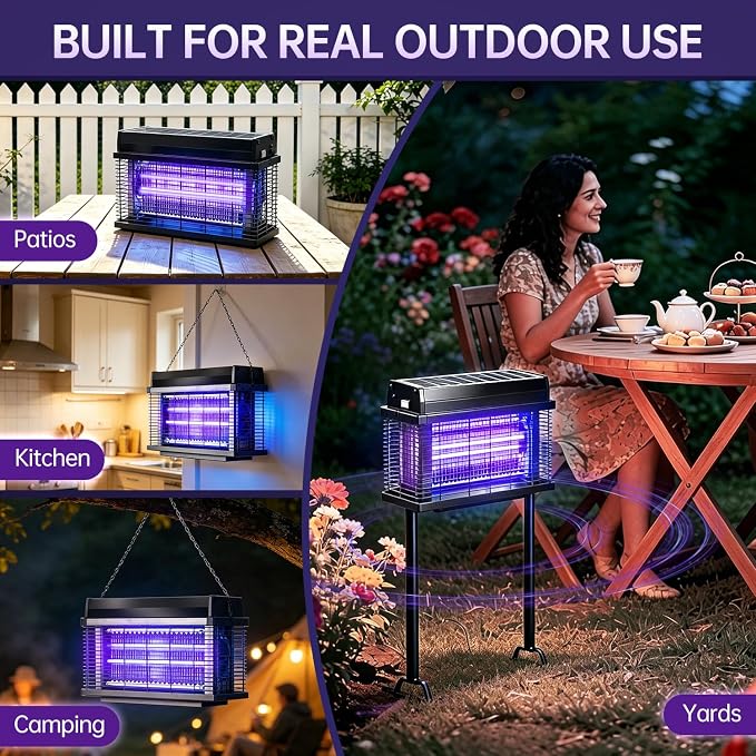 Solar Bug Zapper Outdoor, Purple UV Mosquito Zapper with Smart Rain Off Rechargeable Mosquito Killer Lamp, Wireless Solar Powered Fly Trap for Yard Patio RV (Pure Black)