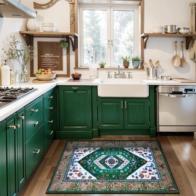 SERISSA 2x3 Washable Non Slip Boho Small Area Rug for Entryway，Green White | Ultra Soft Vintage Oriental Carpet Low-Pile Tribal Indoor Mat for Bedroom Kitchen Bathroom Entrance Floor