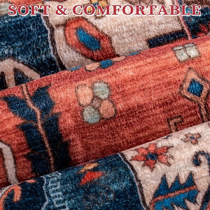 SERISSA 6ft Washable Non Slip Round Boho Area Rug for Bedroom，Rust | Ultra Soft Vintage Oriental Carpet Low-Pile Tribal Circular Indoor Mat for Entryway Kids Room Office College Dorm Living Room