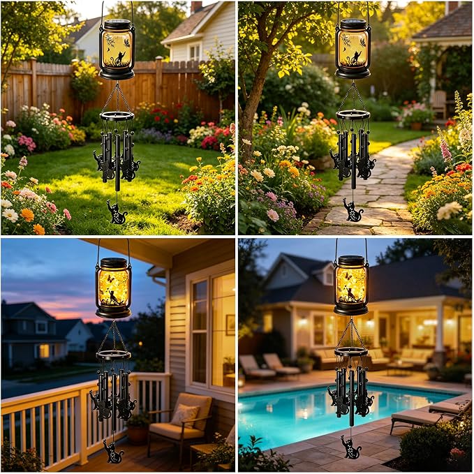 2 Pack Solar Cat Wind Chimes for Outside, Birthday Mother' s Day Gifts for Mom Women Grandma,Solar Cat Wind Chime Light Hanging Wind Chimes Outdoor,IP65 Waterproof, Yard Garden Terrace