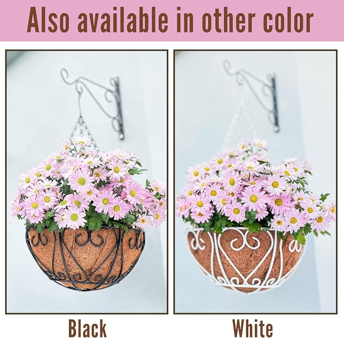 LaLaGreen Hanging Baskets for Plants (12 Inch, 6 Pack) Hanging Flower Pots with Coco Liner, Black Metal Wire Round Basket Plant Holder with Hanger Hook Chain, Outdoor Patio Deck Balcony Garden Decor