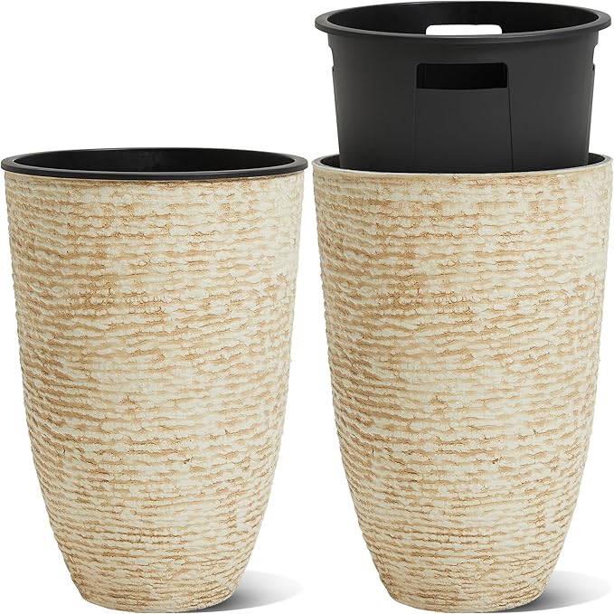 Worth Garden 21" H Beige Tall Planters set of 2 with Inside Pots - 14'' Dia Plastic Large Round Plant Tree Pots with Drain Hole - Decorative Imitation Stone Finish for Indoor Outdoor Front Porch Patio