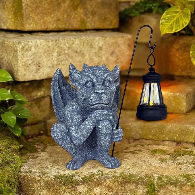 Gargoyle Statues Outdoor with Solar Lantern Gothic Garden Lamp Decor Outside Dragon Winged Gargoyle for Porch Patio Lawn Yard Ornament Trolls Figurine Gifts for Women Mom Grandma