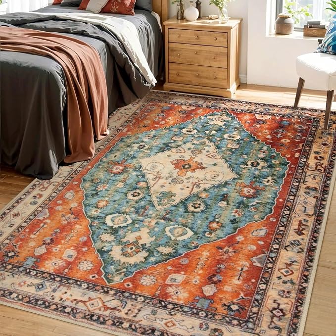 SERISSA 4x6 Washable Non Slip Boho Area Rug for Bedroom | Ultra Soft Vintage Oriental Carpet Low-Pile Distressed Tribal Throw Carpet for Entry Living Room Nursery Kitchen Dorm Decor