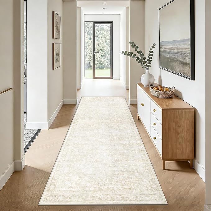 2x8 Hallway Runner Rug: Washable Vintage Floral Entryway Rugs Low Pile Non-Slip Boho Carpet for Kitchen, Bedroom, Bathroom, Dining Room (Beige, 2'x8')