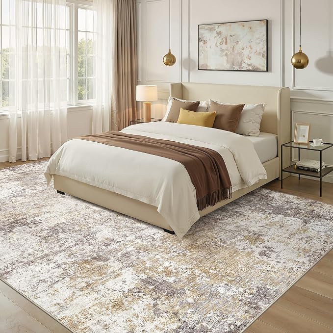 Nakagishi 6X9 Abstract Washable Area Rugs for Living Room-Golden Brown | Modern Non-Slip Silicone Backing Low Pile Soft Carpet for Bedroom Dining Decor for Families with Kids and Pets