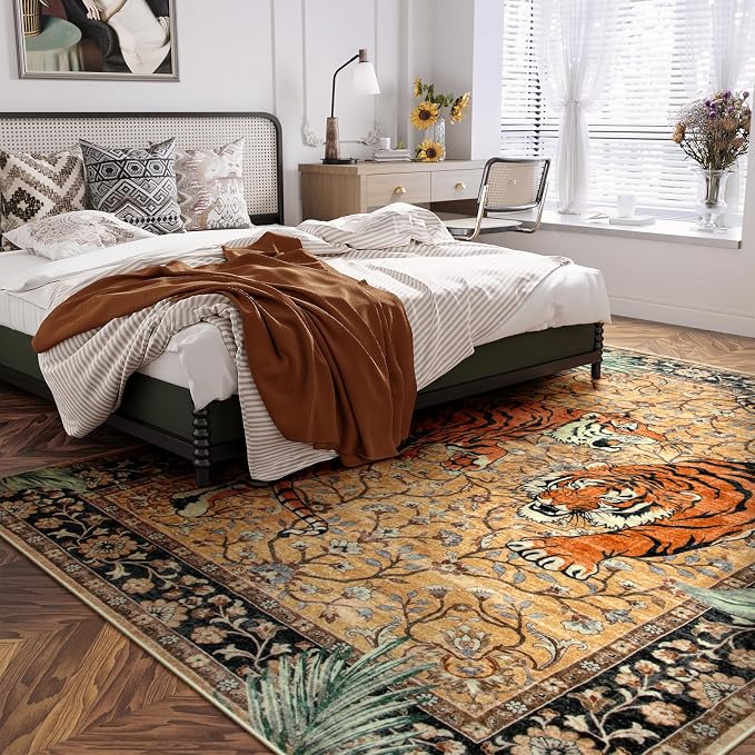 Moynesa Tiger 8x10 Area Rug, Washable Boho Rugs for Living Room, Vintage Large Soft Dining Room Rug, Non Slip Ultra Thin Stain Resistant Floor Carpet for Home Office Bedroom, Camel
