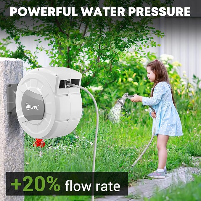 Retractable Garden Hose Reel, 1/2" x 100ft Wall Mount Heavy Duty Automatic Hose Reel with 10 Pattern Nozzle, Any Length Lock & Slow Return System, 180°Swivel Bracket Upgraded UV Resistant,Light Grey
