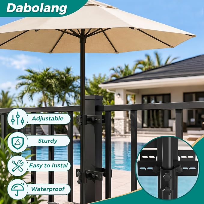 Patio Umbrella Holder for Deck Railing,Adjustable Patio Fence Umbrella Clamp,Outdoor Metal Deck Umbrella Mount,Deck Umbrella Base and Stand for Outdoor Courtyard, Balcony, Boats